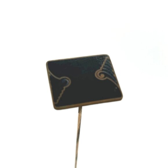 Antique Art Nouveau Hat Pin Black Enamel On Copper 1900s Geometric Design 9 Inch - Picture 2 of 14